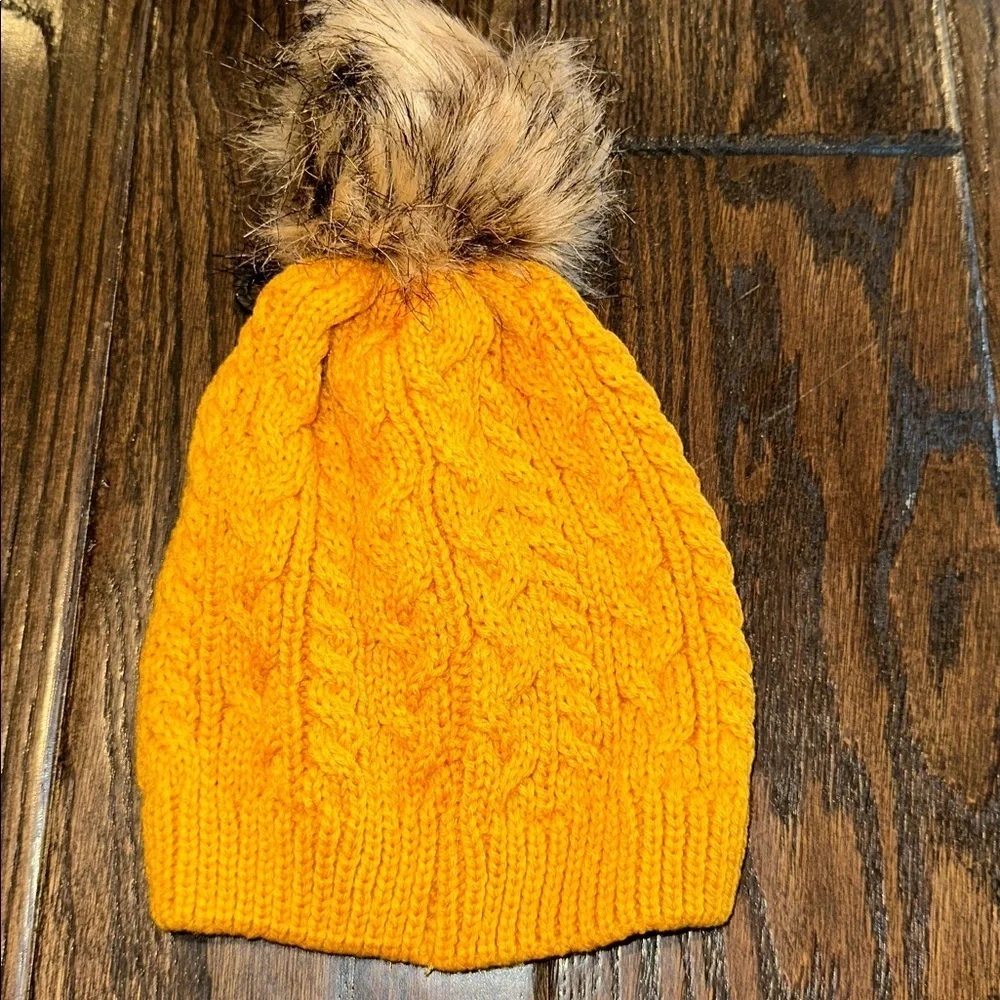 Honey Bean Orange mustard Knit Beanie with Faux Fur Pom for baby